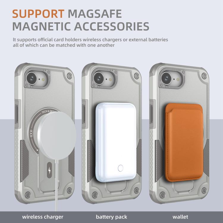 For iPhone 16e Armor Magsafe Holder PC Hybrid TPU Phone Case(Grey) - iPhone 16e Cases by buy2fix | Online Shopping UK | buy2fix