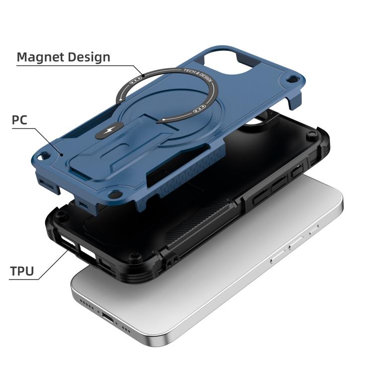 For iPhone 16e Armor Magsafe Holder PC Hybrid TPU Phone Case(Dark Blue) - iPhone 16e Cases by buy2fix | Online Shopping UK | buy2fix
