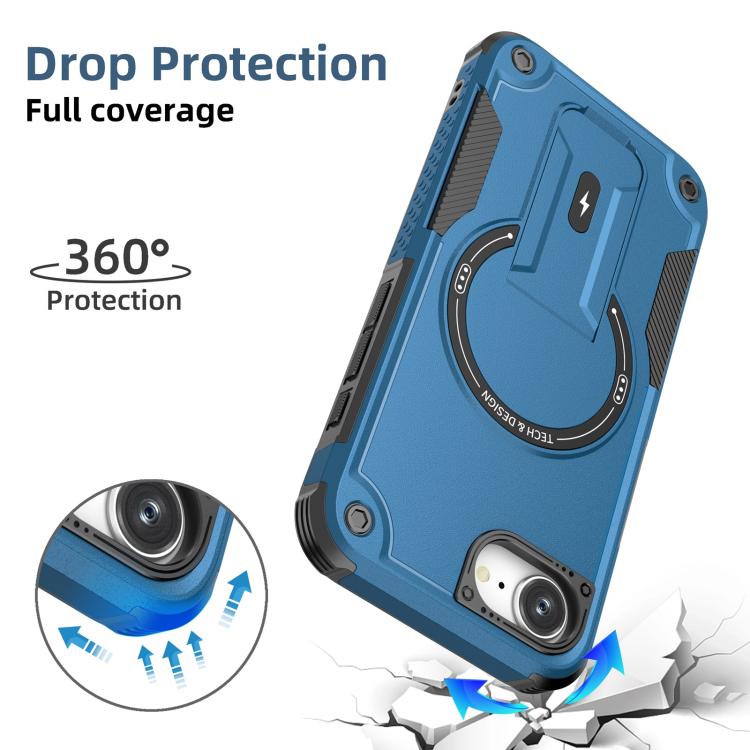 For iPhone 16e Armor Magsafe Holder PC Hybrid TPU Phone Case(Dark Blue) - iPhone 16e Cases by buy2fix | Online Shopping UK | buy2fix