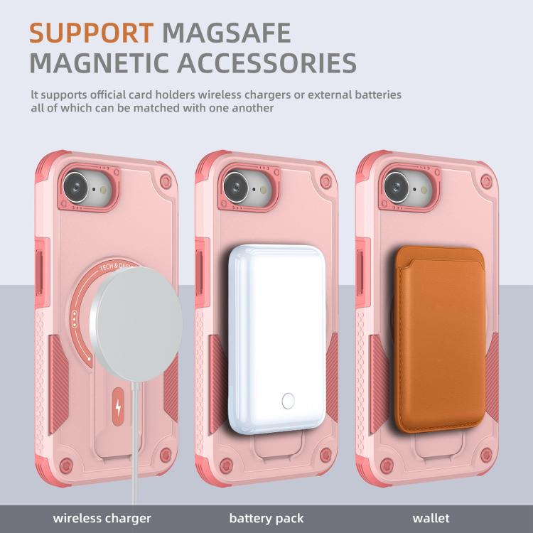 For iPhone 16e Armor Magsafe Holder PC Hybrid TPU Phone Case(Pink) - iPhone 16e Cases by buy2fix | Online Shopping UK | buy2fix