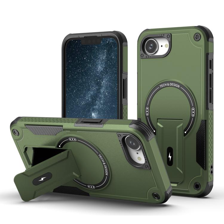For iPhone 16e Armor Magsafe Holder PC Hybrid TPU Phone Case(Army Green) - iPhone 16e Cases by buy2fix | Online Shopping UK | buy2fix