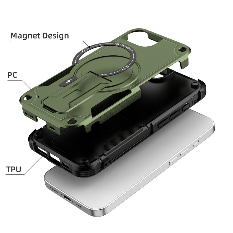 For iPhone 16e Armor Magsafe Holder PC Hybrid TPU Phone Case(Army Green) - iPhone 16e Cases by buy2fix | Online Shopping UK | buy2fix