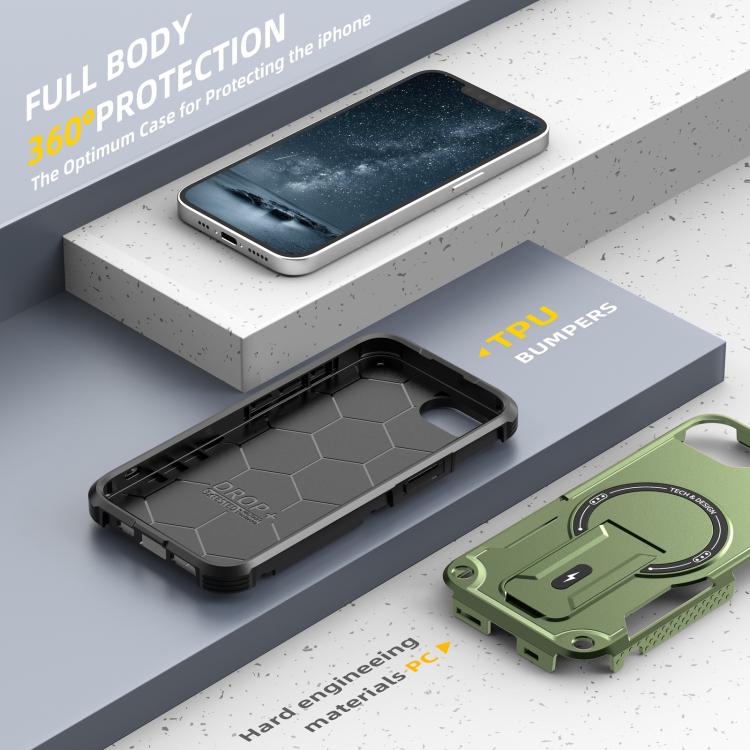 For iPhone 16e Armor Magsafe Holder PC Hybrid TPU Phone Case(Army Green) - iPhone 16e Cases by buy2fix | Online Shopping UK | buy2fix