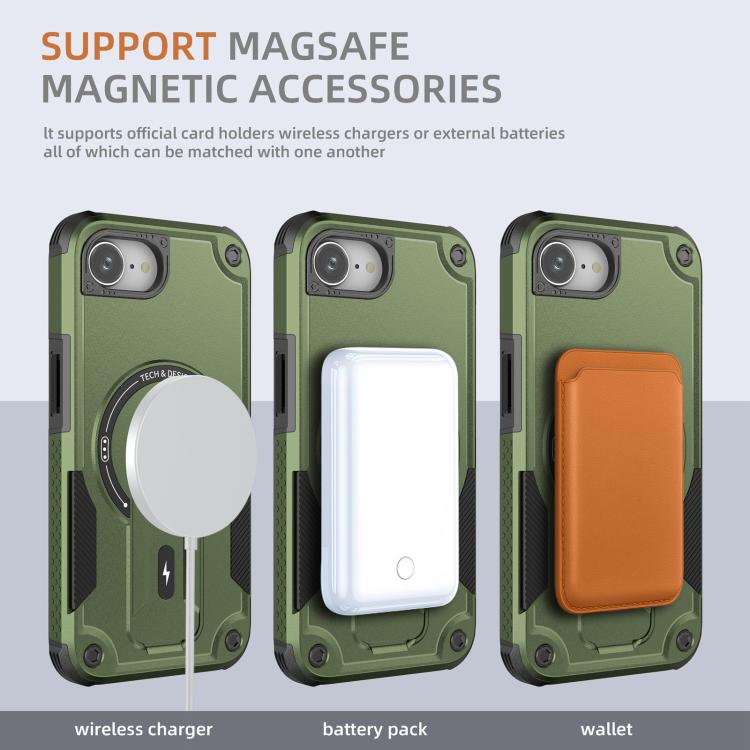 For iPhone 16e Armor Magsafe Holder PC Hybrid TPU Phone Case(Army Green) - iPhone 16e Cases by buy2fix | Online Shopping UK | buy2fix
