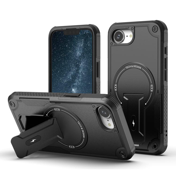 For iPhone 16e Armor Magsafe Holder PC Hybrid TPU Phone Case(Black) - iPhone 16e Cases by buy2fix | Online Shopping UK | buy2fix