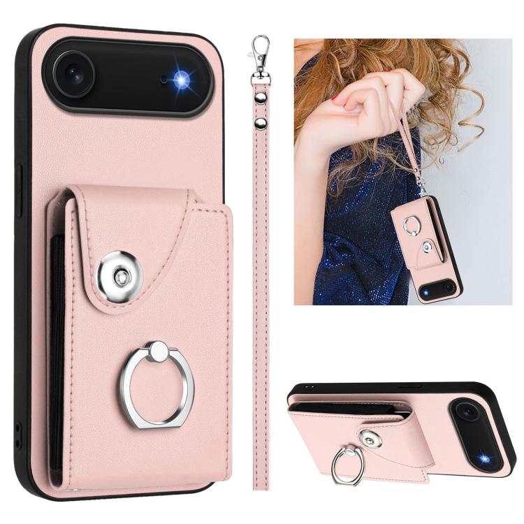 For iPhone Air Organ Card Bag Ring Holder PU Phone Case with Lanyard(Pink) - iPhone Air Cases by buy2fix | Online Shopping UK | buy2fix