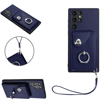 For Samsung Galaxy S22 Ultra 5G Organ Card Bag Ring Holder PU Phone Case with Lanyard(Blue) by buy2fix