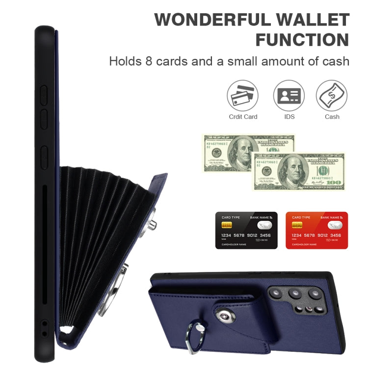 For Samsung Galaxy S22 Ultra 5G Organ Card Bag Ring Holder PU Phone Case with Lanyard(Blue) by buy2fix