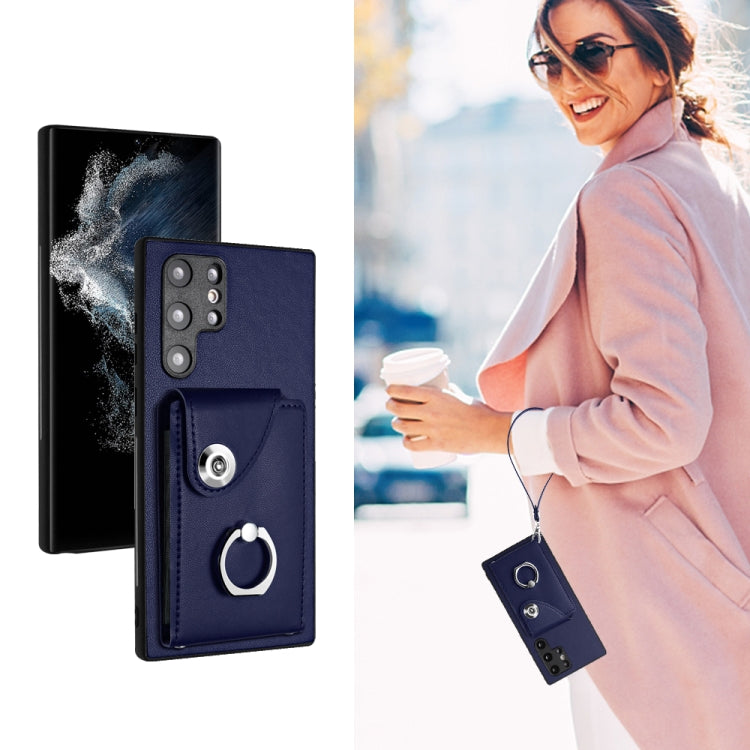 For Samsung Galaxy S22 Ultra 5G Organ Card Bag Ring Holder PU Phone Case with Lanyard(Blue) by buy2fix