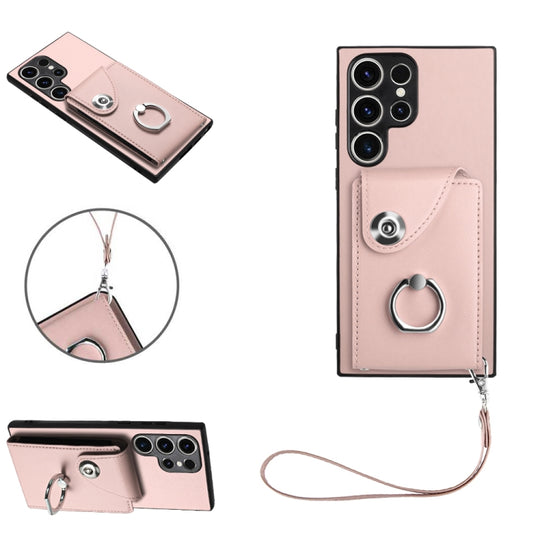 For Samsung Galaxy S23 Ultra 5G Organ Card Bag Ring Holder PU Phone Case with Lanyard(Pink)
