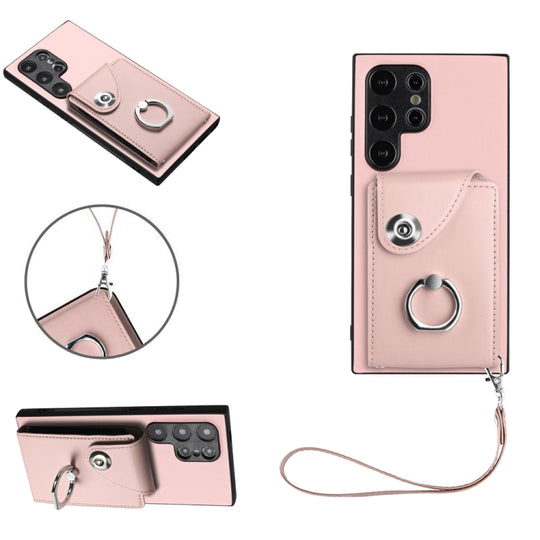 For Samsung Galaxy S24 Ultra 5G Organ Card Bag Ring Holder PU Phone Case with Lanyard(Pink)