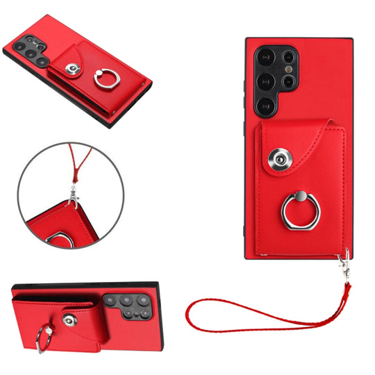 For Samsung Galaxy S24 Ultra 5G Organ Card Bag Ring Holder PU Phone Case with Lanyard(Red)