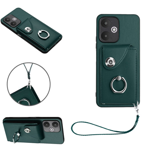 For Xiaomi Redmi 13C 5G / Redmi 13R Organ Card Bag Ring Holder PU Phone Case with Lanyard(Green) by buy2fix