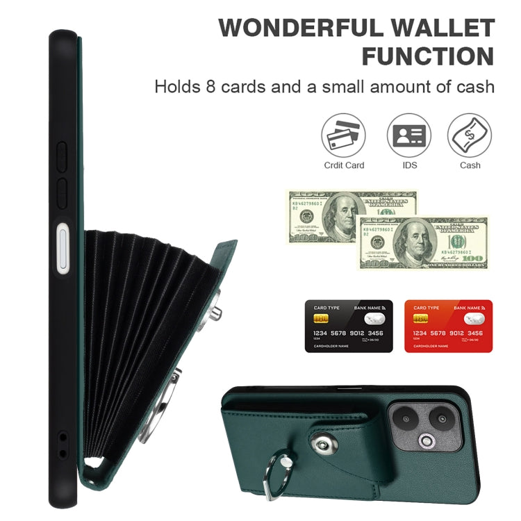 For Xiaomi Redmi 13C 5G / Redmi 13R Organ Card Bag Ring Holder PU Phone Case with Lanyard(Green) by buy2fix