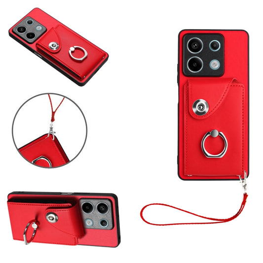 For Xiaomi Redmi Note 13 5G Global Organ Card Bag Ring Holder PU Phone Case with Lanyard(Red) - Xiaomi Cases by buy2fix | Online Shopping UK | buy2fix
