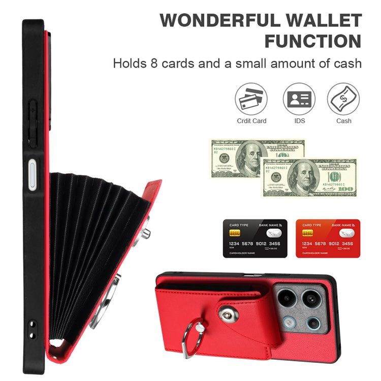 For Xiaomi Redmi Note 13 5G Global Organ Card Bag Ring Holder PU Phone Case with Lanyard(Red) - Xiaomi Cases by buy2fix | Online Shopping UK | buy2fix