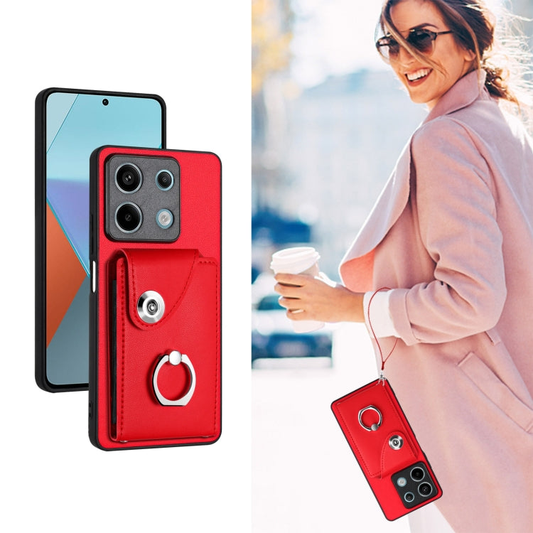 For Xiaomi Redmi Note 13 5G Global Organ Card Bag Ring Holder PU Phone Case with Lanyard(Red) - Xiaomi Cases by buy2fix | Online Shopping UK | buy2fix