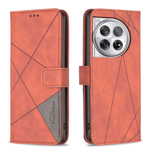For OnePlus 12 5G BF05 Magnetic Buckle Rhombus Texture Leather Phone Case(Brown) - OnePlus Cases by buy2fix | Online Shopping UK | buy2fix