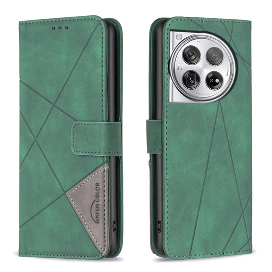 For OnePlus 12 5G BF05 Magnetic Buckle Rhombus Texture Leather Phone Case(Green) - OnePlus Cases by buy2fix | Online Shopping UK | buy2fix