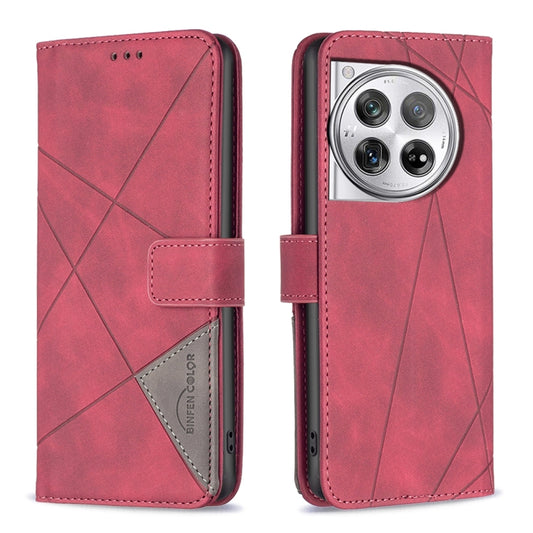For OnePlus 12 5G BF05 Magnetic Buckle Rhombus Texture Leather Phone Case(Red) - OnePlus Cases by buy2fix | Online Shopping UK | buy2fix