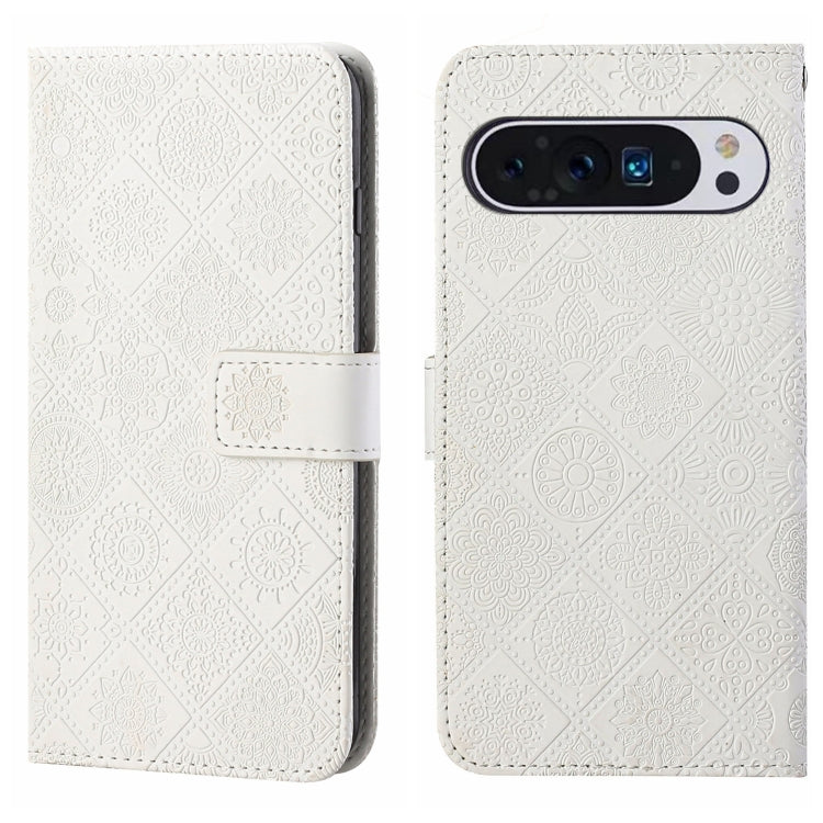 For Google Pixel 9 / 9 Pro Ethnic Style Embossed Pattern Leather Phone Case(White) by buy2fix