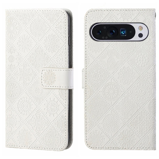 For Google Pixel 9 / 9 Pro Ethnic Style Embossed Pattern Leather Phone Case(White) by buy2fix