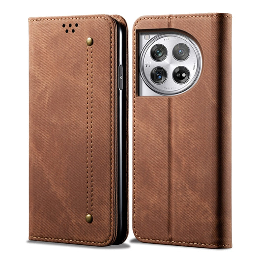 For OnePlus 12 Denim Texture Casual Style Horizontal Flip Leather Case(Brown) - OnePlus Cases by buy2fix | Online Shopping UK | buy2fix