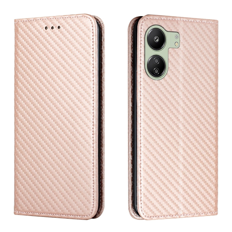 For Xiaomi Redmi 13C Carbon Fiber Texture Flip Holder Leather Phone Case(Rose Gold) by buy2fix