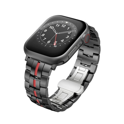 For Apple Watch SE 2023 44mm Butterfly Buckle 5-Beads Metal Watch Band(Black Red) by buy2fix