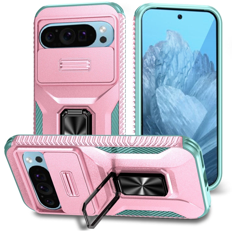 For Google Pixel 10 / 10 Pro / 9 / 9 Pro Sliding Camshield Holder Phone Case(Pink + Grey Green) - Google Cases by buy2fix | Online Shopping UK | buy2fix