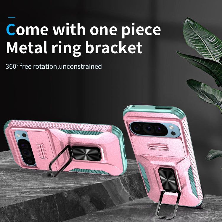 For Google Pixel 10 / 10 Pro / 9 / 9 Pro Sliding Camshield Holder Phone Case(Pink + Grey Green) - Google Cases by buy2fix | Online Shopping UK | buy2fix
