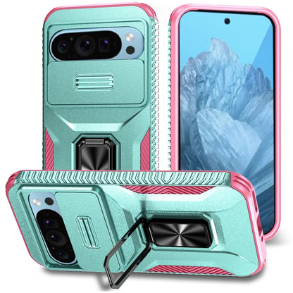 For Google Pixel 10 / 10 Pro / 9 / 9 Pro Sliding Camshield Holder Phone Case(Grey Green + Pink) - Google Cases by buy2fix | Online Shopping UK | buy2fix