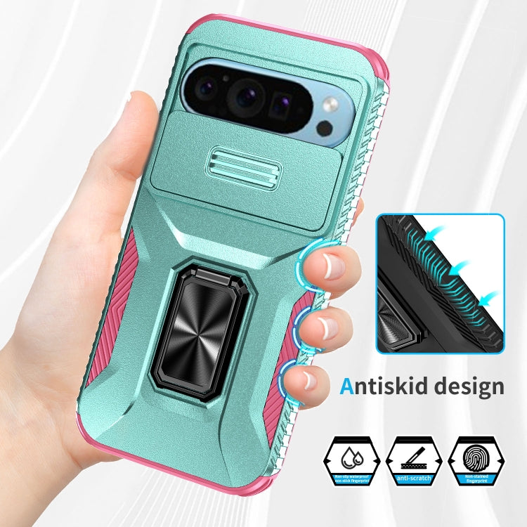 For Google Pixel 10 / 10 Pro / 9 / 9 Pro Sliding Camshield Holder Phone Case(Grey Green + Pink) - Google Cases by buy2fix | Online Shopping UK | buy2fix