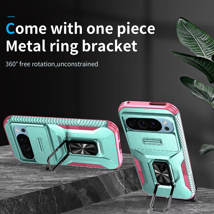 For Google Pixel 10 / 10 Pro / 9 / 9 Pro Sliding Camshield Holder Phone Case(Grey Green + Pink) - Google Cases by buy2fix | Online Shopping UK | buy2fix