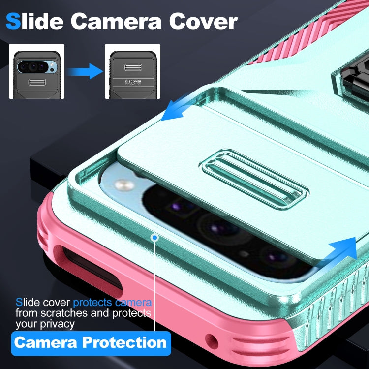 For Google Pixel 10 / 10 Pro / 9 / 9 Pro Sliding Camshield Holder Phone Case(Grey Green + Pink) - Google Cases by buy2fix | Online Shopping UK | buy2fix