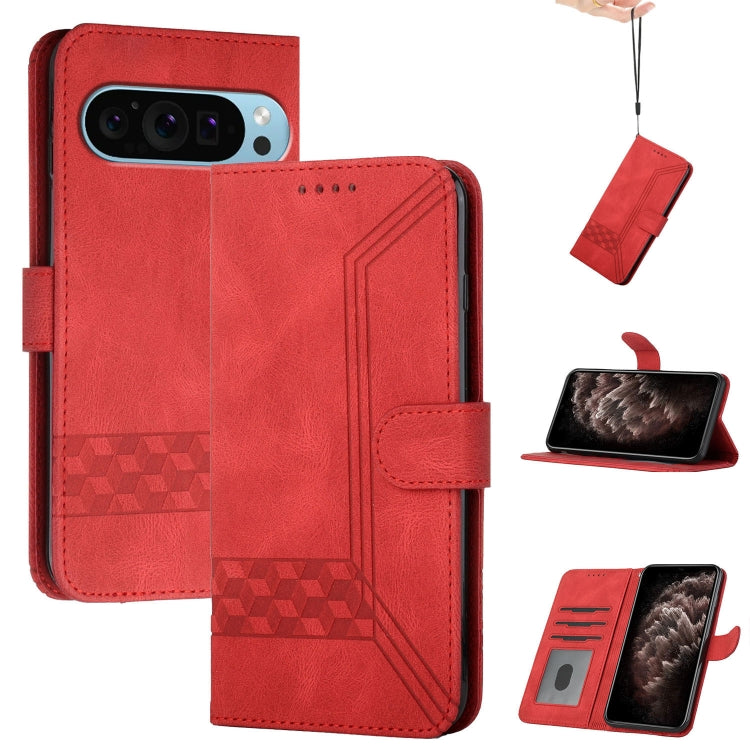 For Google Pixel 9 Pro Cubic Skin Feel Flip Leather Phone Case(Red) by buy2fix