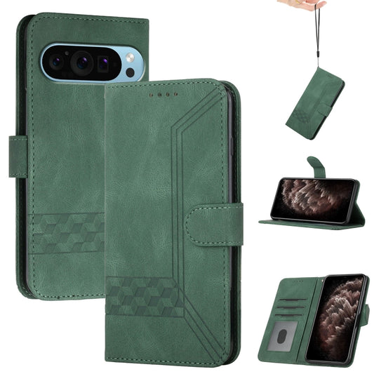 For Google Pixel 9 Pro Cubic Skin Feel Flip Leather Phone Case(Green) by buy2fix