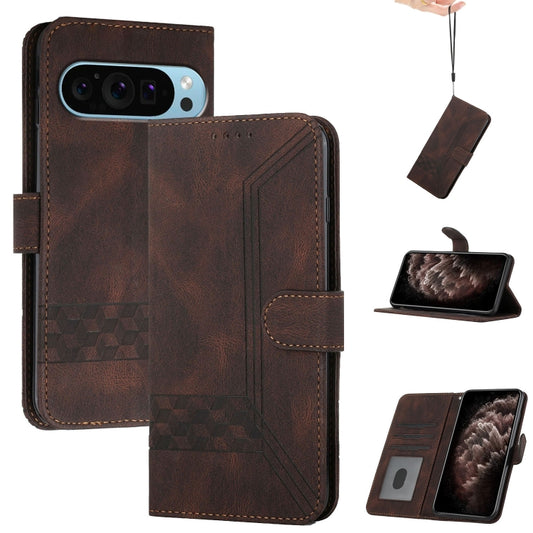 For Google Pixel 9 Pro Cubic Skin Feel Flip Leather Phone Case(Brown) by buy2fix