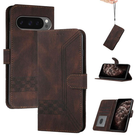 For Google Pixel 10 / Pixel 10 Pro Cubic Skin Feel Flip Leather Phone Case(Brown) - Google Cases by buy2fix | Online Shopping UK | buy2fix