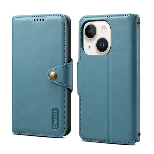 For iPhone 15 Denior Cowhide Texture Wallet Style Leather Phone Case(Blue)
