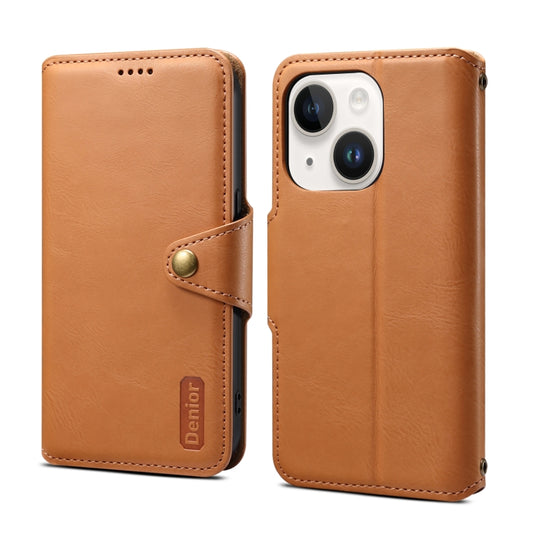 For iPhone 14 Denior Cowhide Texture Wallet Style Leather Phone Case(Khaki) - iPhone 14 Cases by Denior | Online Shopping UK | buy2fix