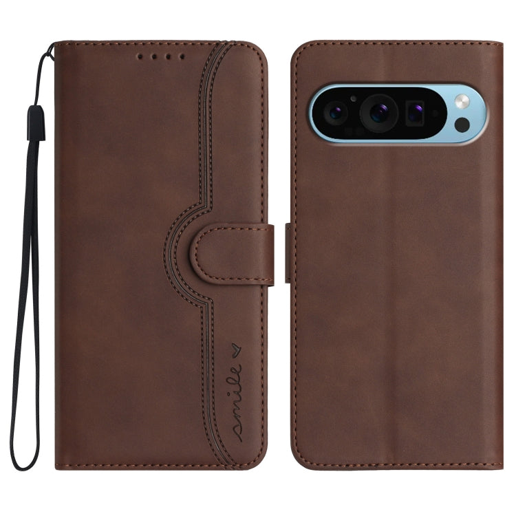 For Google Pixel 9 Pro Heart Pattern Skin Feel Leather Phone Case(Brown) by buy2fix