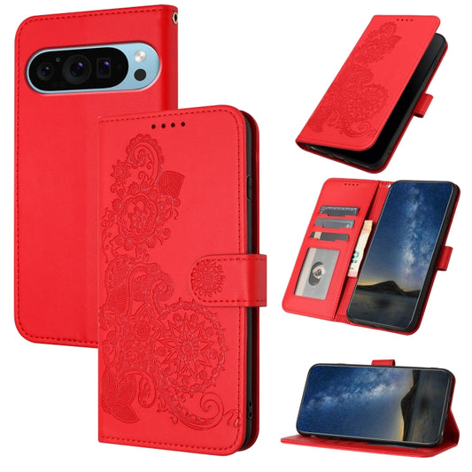 For Google Pixel 9 Pro Datura Flower Embossed Flip Leather Phone Case(Red) by buy2fix