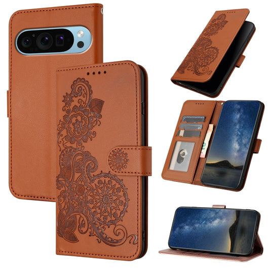 For Google Pixel 9 Datura Flower Embossed Flip Leather Phone Case(Brown) by buy2fix