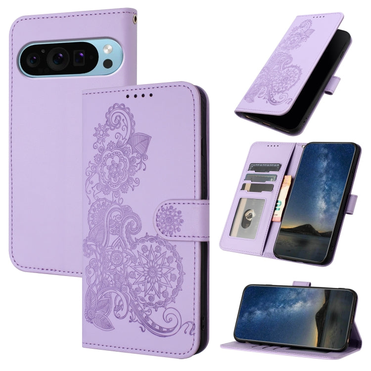 For Google Pixel 9 Datura Flower Embossed Flip Leather Phone Case(Purple) by buy2fix
