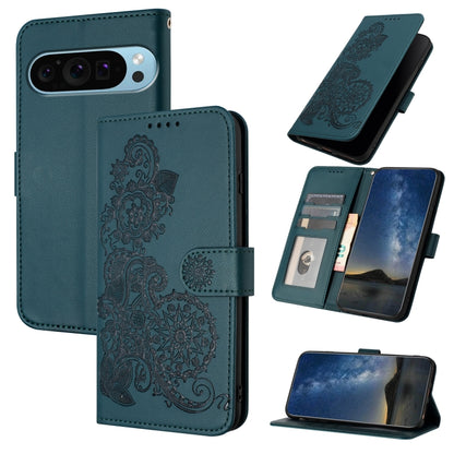 For Google Pixel 9 Datura Flower Embossed Flip Leather Phone Case(Dark Green) by buy2fix