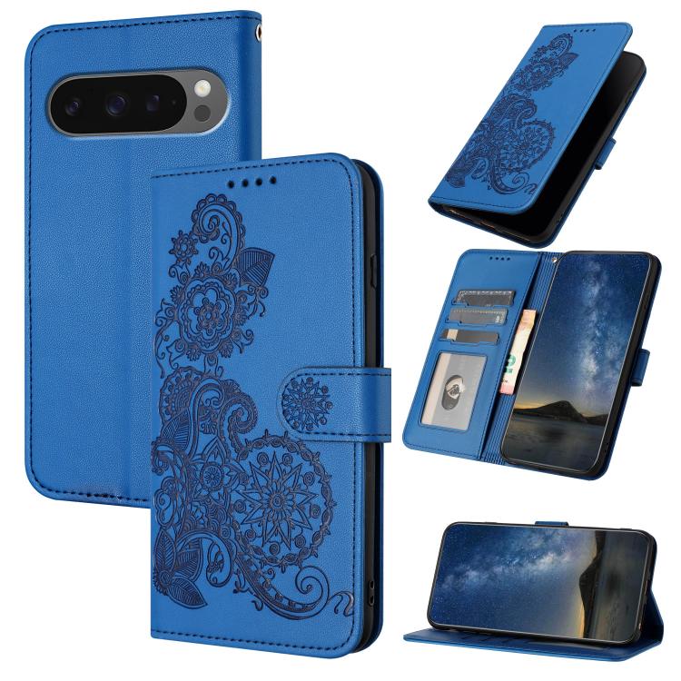 For Google Pixel 10 Pro XL Datura Flower Embossed Flip Leather Phone Case(Blue) - Google Cases by buy2fix | Online Shopping UK | buy2fix