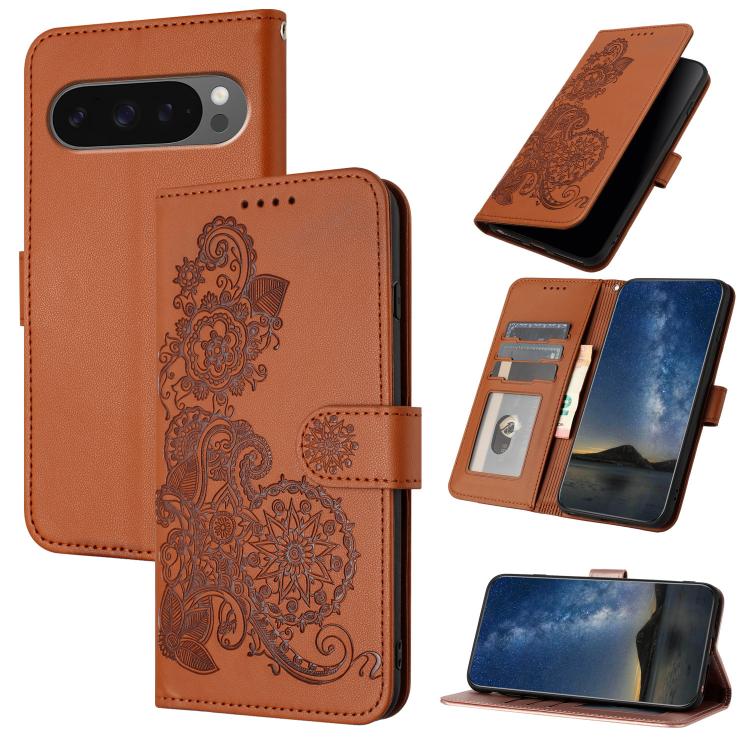 For Google Pixel 10 Pro XL Datura Flower Embossed Flip Leather Phone Case(Brown) - Google Cases by buy2fix | Online Shopping UK | buy2fix