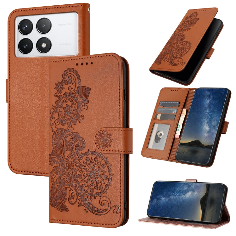 For Xiaomi Redmi K70 Datura Flower Embossed Flip Leather Phone Case(Brown) - Xiaomi Cases by buy2fix | Online Shopping UK | buy2fix