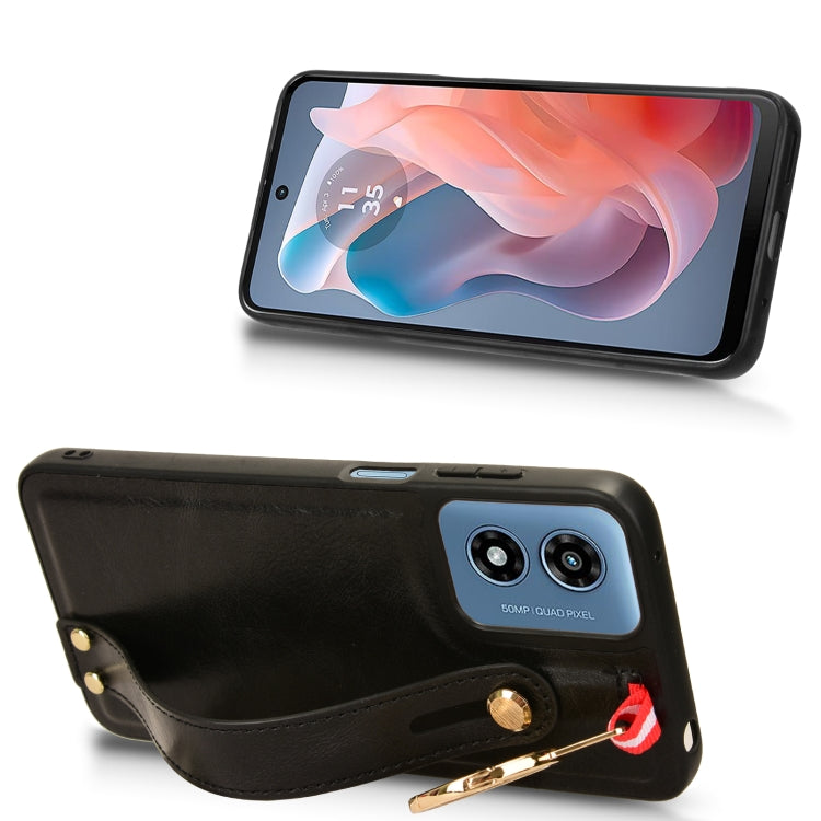 For Motorola Moto G Play 4G 2024 Wristband Leather Back Phone Case(Black) by buy2fix